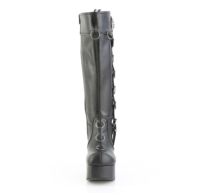 front view of demonia charade-211 knee high platform boots showing round toe and o-ring at the top