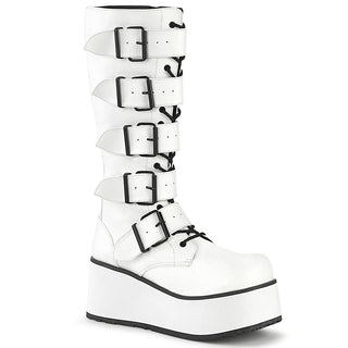 demonia Trashville-518 white knee high platform boots with 5 buckles