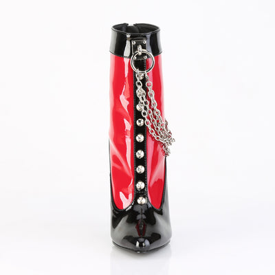 Front view of Devious Domina-1033 red and black stiletto ankle boots with pointed toe and O-ring chain detail