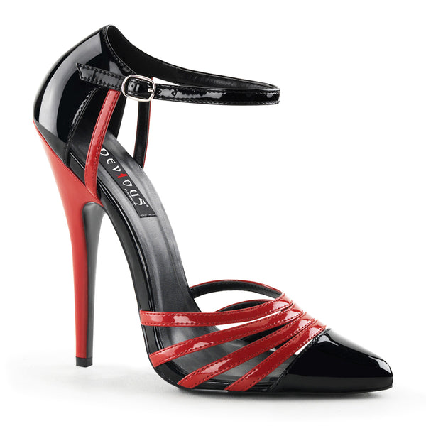 Devious Domina-412 red and black D’Orsay stilettos, available in large sizes for men and women