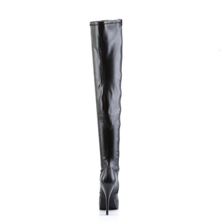 Rear side view of Devious indulge-3000 black matte platform thigh high boots.