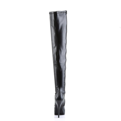 Rear side view of Devious indulge-3000 black matte platform thigh high boots.