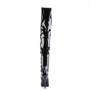 Rear view of devious indulge-3000 black patent platform thigh high boots