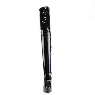 front view of devious indulge-3000 black patent platform thigh high boots