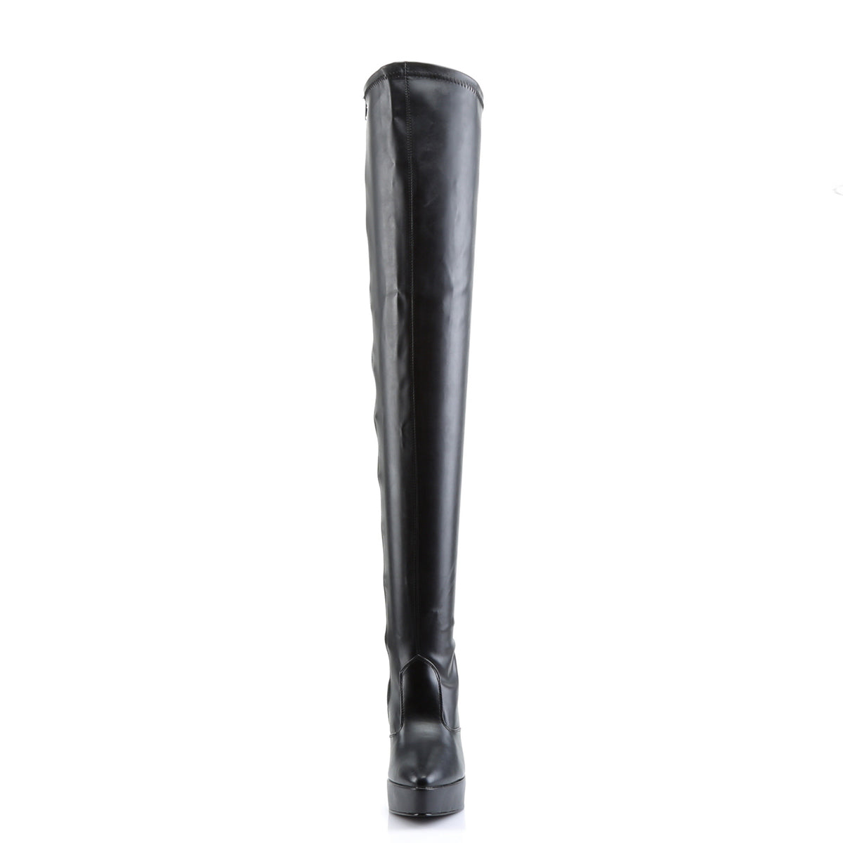 Front view of Devious indulge-3000 black matte platform thigh high boots.