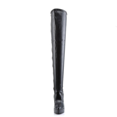 Front view of Devious indulge-3000 black matte platform thigh high boots.
