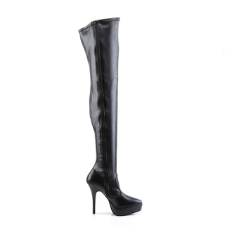 Inner side view of Devious indulge-3000 black matte platform thigh high boots.