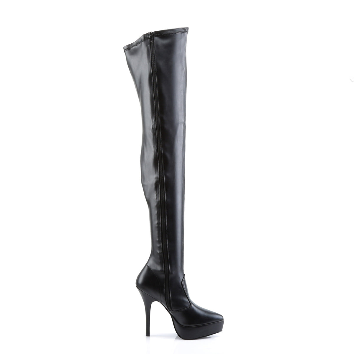 Inner side view of Devious indulge-3000 black matte platform thigh high boots.