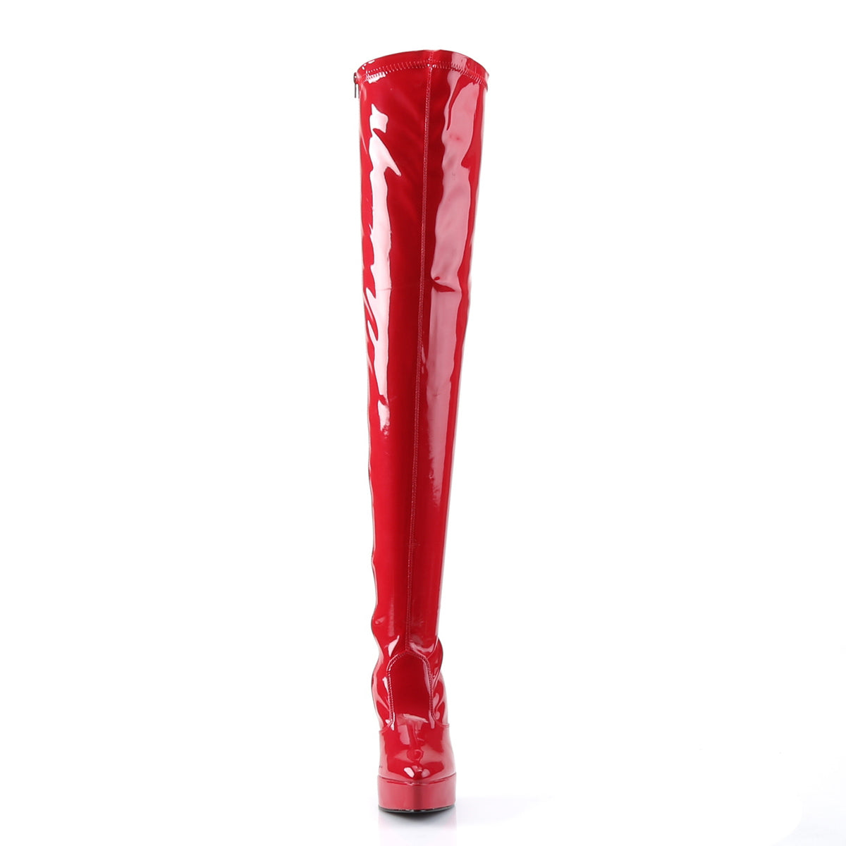Front view of Devious indulge-3000 red platform thigh high boots
