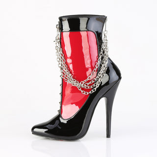 Side profile showing glossy red and black patent finish, chain details, and 6-inch stiletto heel on Devious Domina-1033 boots