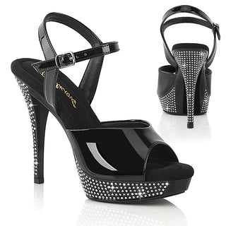 Black patent platform heels with rhinestone-covered platform and stiletto heel