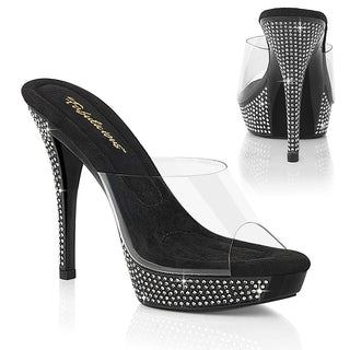 Fabulicious Athena-501 black rhinestone platform mule heels with clear PVC upper
