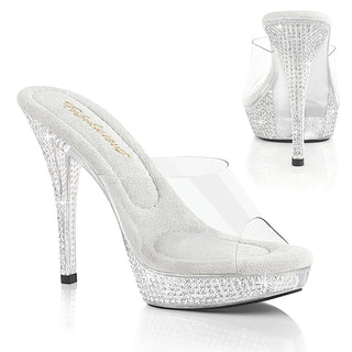 Fabulicious Athena-501 clear rhinestone mule heels with transparent PVC upper and crystal platform side and back view