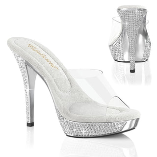 Silver chrome platform mule with clear PVC strap and rhinestone-covered stiletto heel