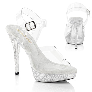Fabulicious Athena-508 clear ankle strap sandals with rhinestone platform and stiletto heel