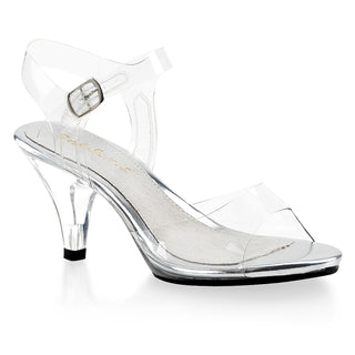 Clear ankle-strap sandal with a 3-inch cone heel, transparent upper, subtle platform