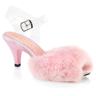 Fabulicious Belle-308FUR pink faux fur peep toe sandal with clear ankle strap and 3-inch heel