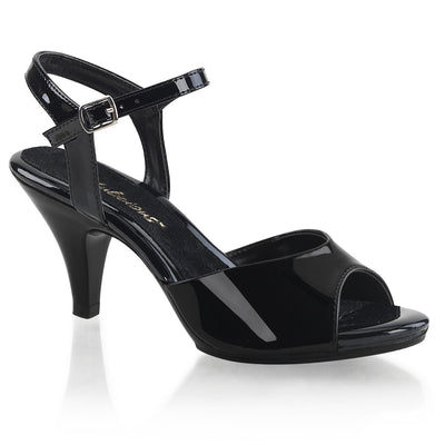  Fabulicious Belle-309 black patent ankle-strap heels with 3-inch cone heel