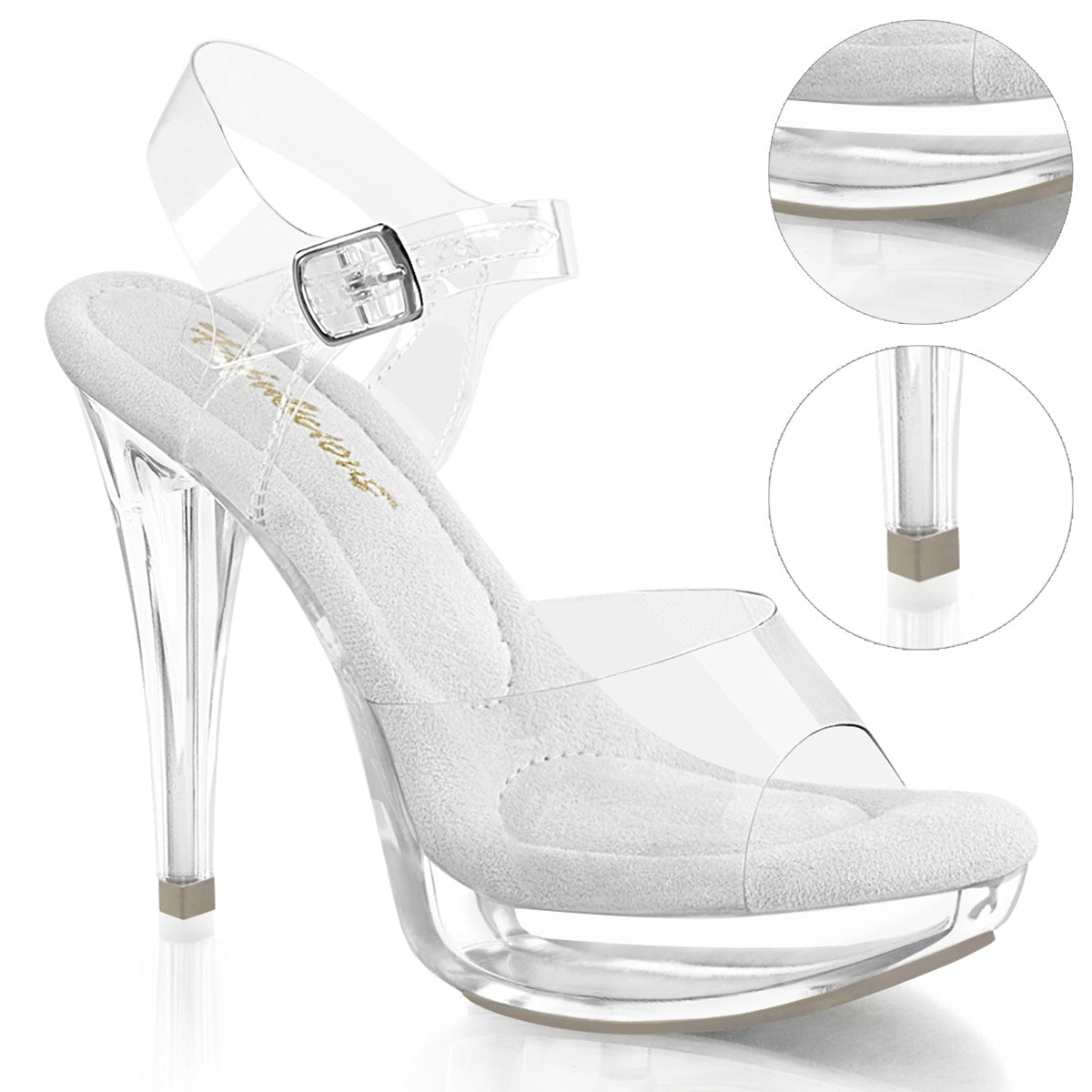 Fabulicious Cocktail-508 clear platform heels with light grey outsole and ankle strap
