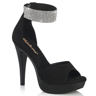 Black faux suede platform sandals with an open toe, closed back, and rhinestone-embellished ankle strap on a white background.