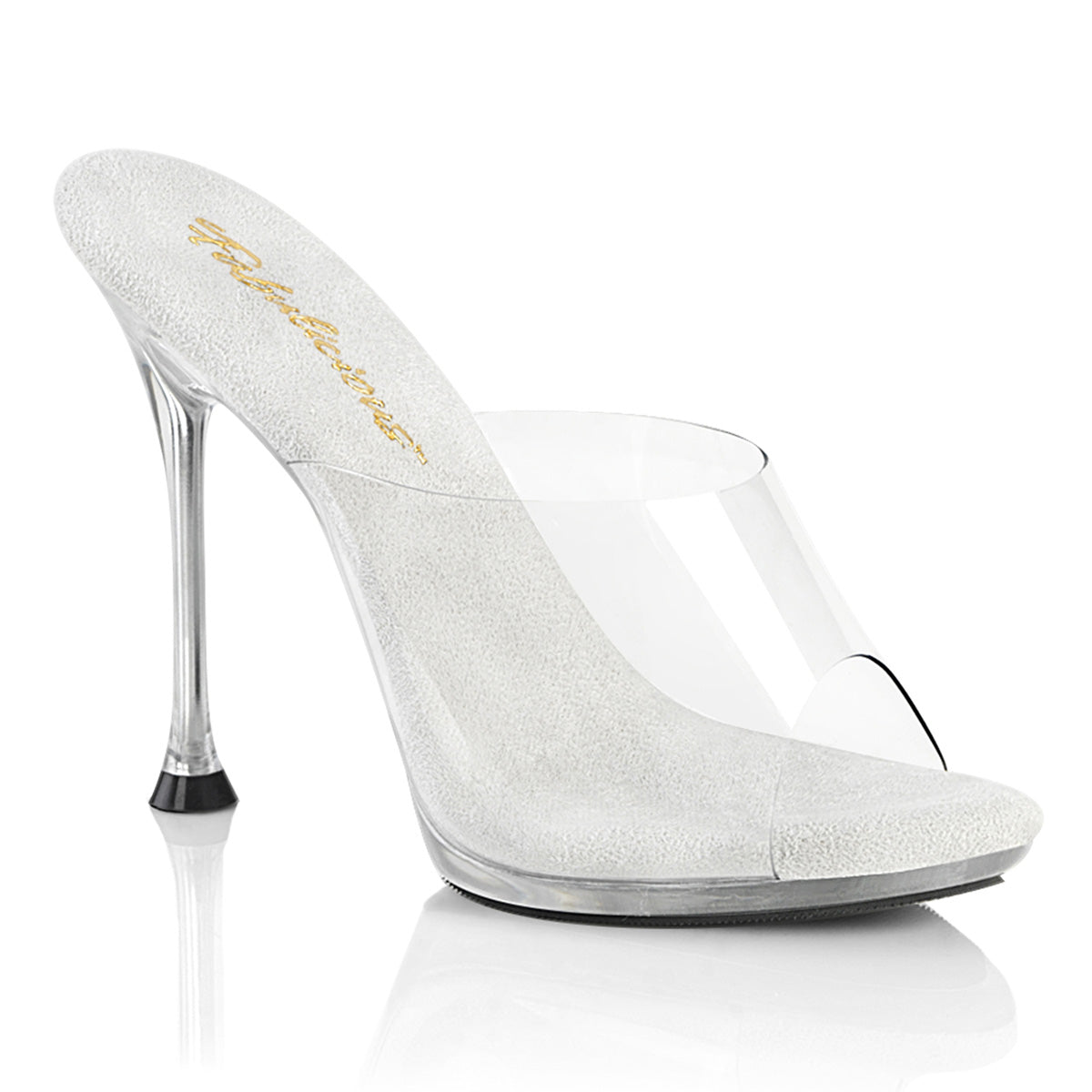 Fabulicious Cupid-401 clear stiletto slide with white insole