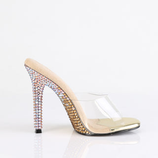 Fabulicious Gala-01DMM gold clear mule heels with rhinestone stiletto heel side view on white background