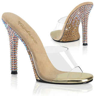 Fabulicious Gala-01DMM gold clear mule heels with AB rhinestone stiletto heel pair on white background