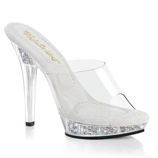 Fabulicious LIP-101RSI clear slide heel with silver footbed and AB rhinestones inside the platform and heel

