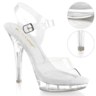 Clear platform stiletto sandal with ankle strap and light gray sole, Pleaser LIP-108