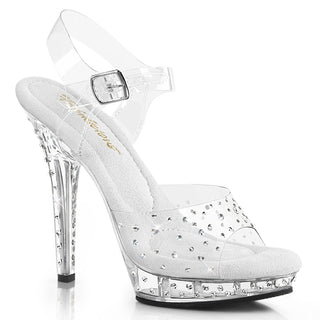 Clear ankle-strap platform sandals with rhinestone-studded vamp and platform, 5-inch stiletto heel, Pleaser LIP-108RS