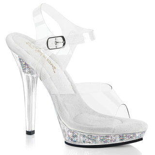 Fabulicious LIP-108RSI clear 5-inch ankle-strap sandal with AB rhinestones set inside the platform and heel.