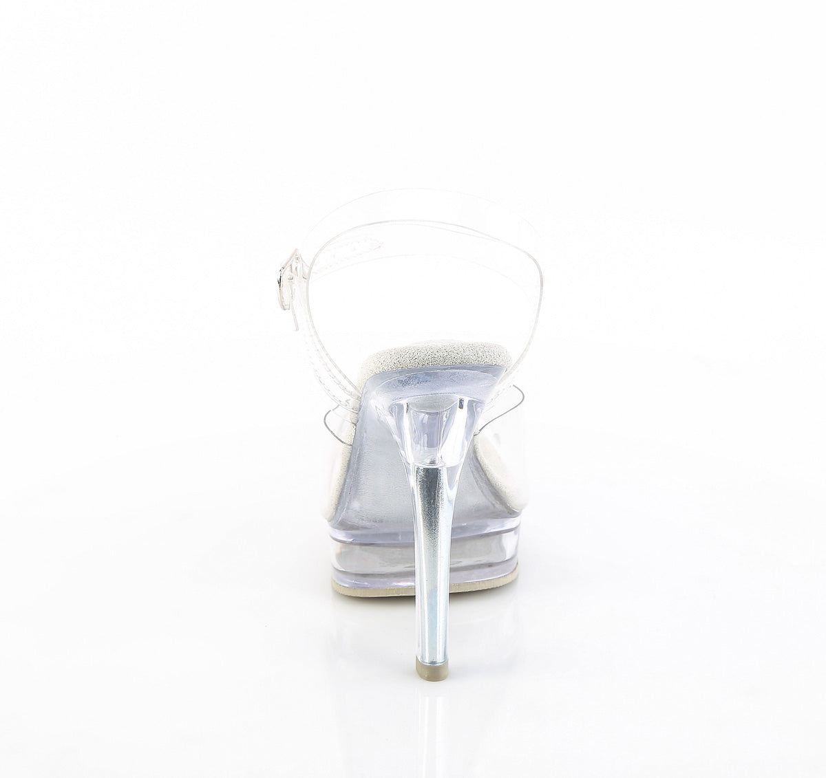 Back view of clear comfort width ankle strap platform heel