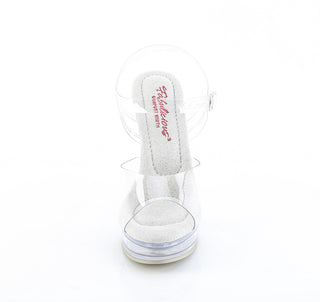 Front view of clear comfort width platform heel with ankle strap