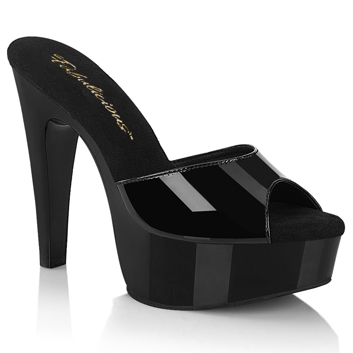 fabulicious martini 501 Black patent slide heels with 5-inch cone heel and platform – retro pin-up style