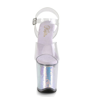 Front view of Flamingo-808MC with clear toe strap and shimmering lavender mermaid scale detail