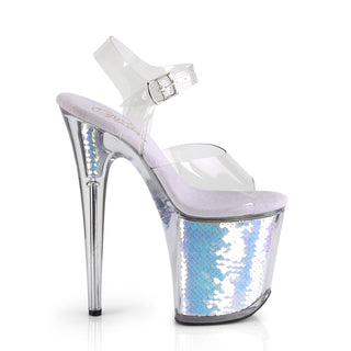 Outer side of Flamingo-808MC showing ankle buckle strap and lavender mermaid scale platform design