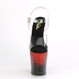 Front view of Flamingo-808SS showcasing clear toe straps and towering stiletto platform