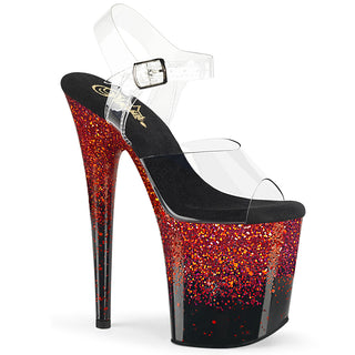 Pleaser Flamingo-808SS platform heels with red-to-black glitter fade and clear straps
