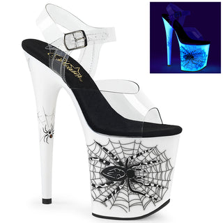 Flamingo-808SW spiderweb platform heels with clear upper and glowing blacklight effect