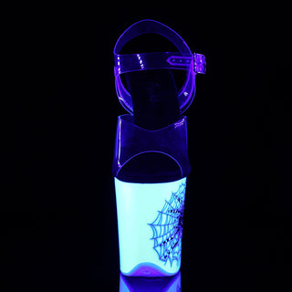 Front view of Flamingo-808SW platform shoes with clear toe strap and neon spiderweb heel