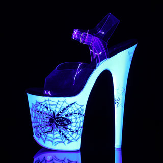 Inner side showing buckle ankle strap and glowing spider design on Pleaser Flamingo-808SW exotic heel