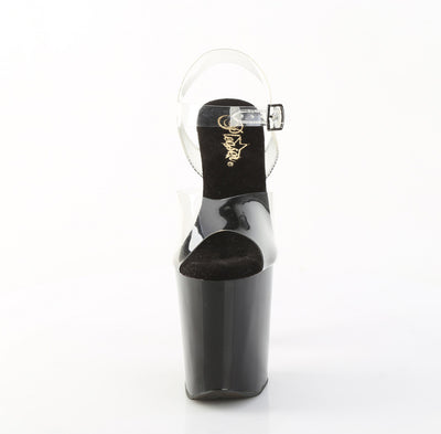 Front view of black high heels with clear upper and dark pewter rhinestones on heel
