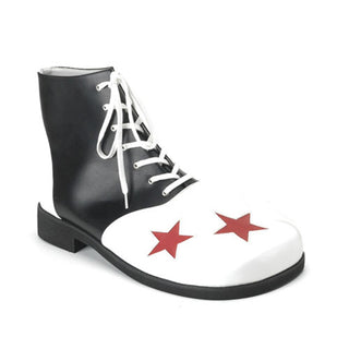 Oversized black and white clown boots with red star details, lace-up front, rounded toe and flat sole for clown costumes
