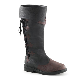 Mid-calf black fantasy boot with brown contrast toe and cuff, decorative lace-up back, flat sole, on a white background