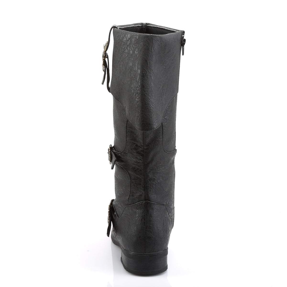 Funtasma Caribbean-299 black pirate boot, back view showing tall folded cuff and antique brass side buckles.