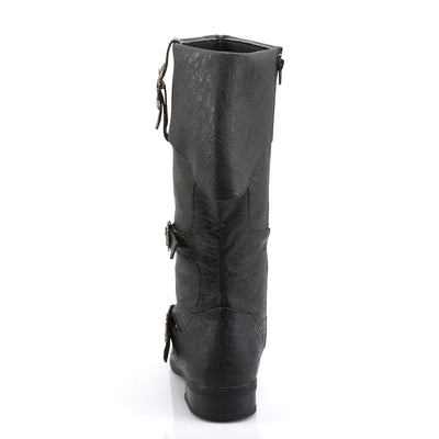 Funtasma Caribbean-299 black pirate boot, back view showing tall folded cuff and antique brass side buckles.