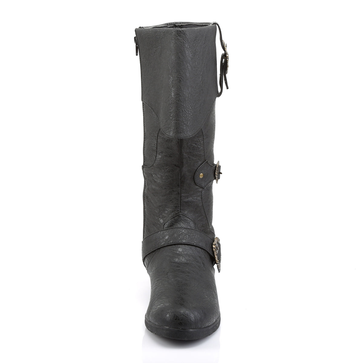 Funtasma Caribbean-299 black pirate boot, front view with folded cuff and three antique brass buckles.