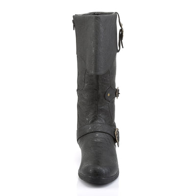 Funtasma Caribbean-299 black pirate boot, front view with folded cuff and three antique brass buckles.