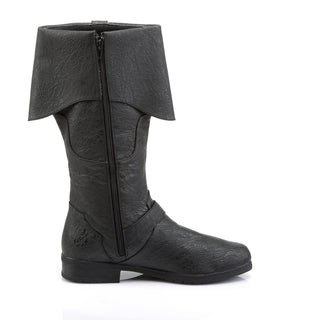 Funtasma Caribbean-299 black pirate boot, inner side view showing folded cuff, zipper closure, and antique brass buckle strap.