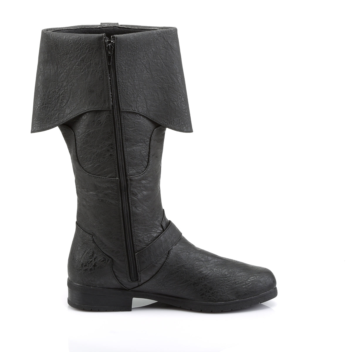 Funtasma Caribbean-299 black pirate boot, inner side view showing folded cuff, zipper closure, and antique brass buckle strap.
